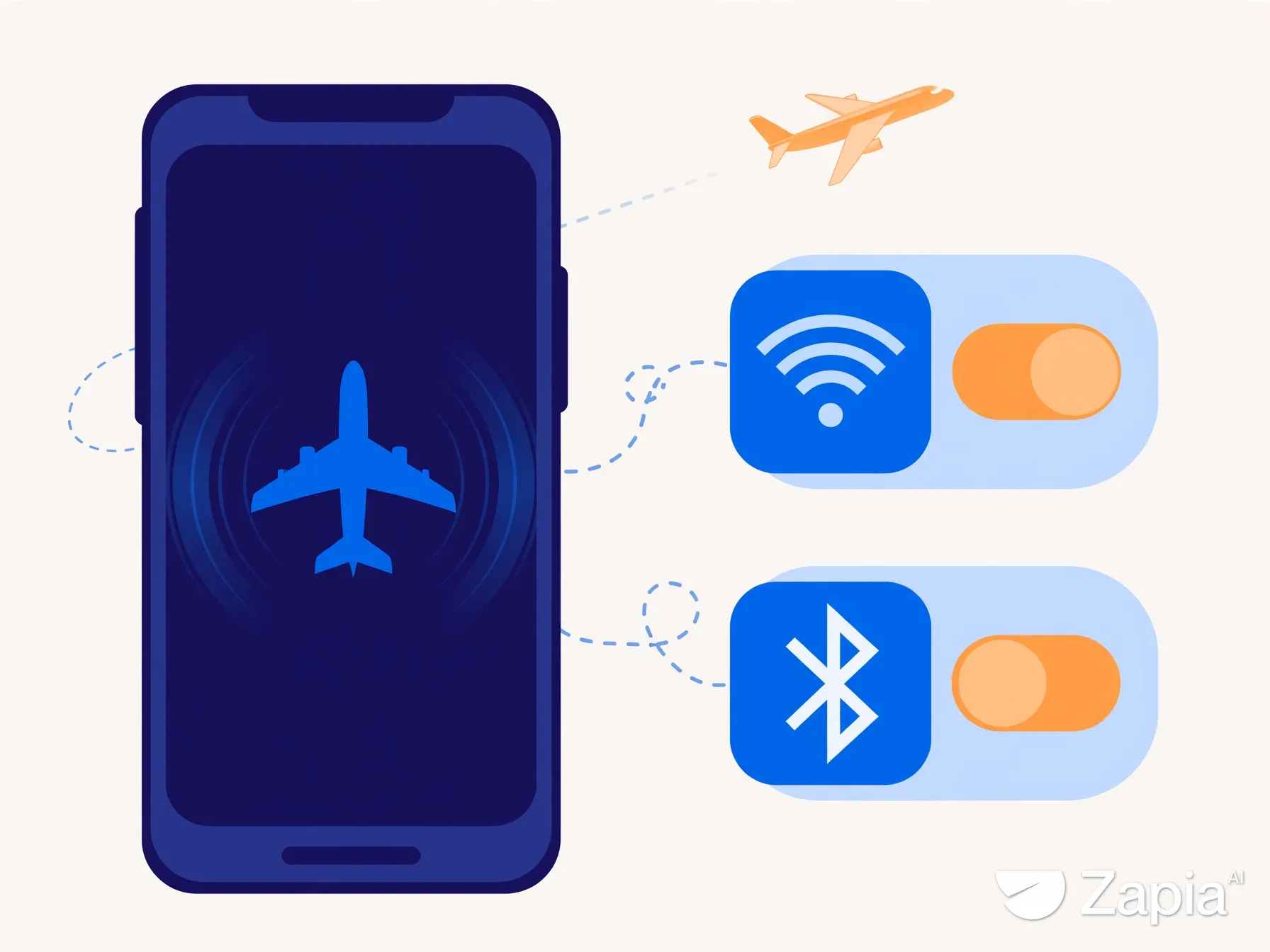 Ilustração conceitual de um celular em modo avião, com ícones de Wi‑Fi e Bluetooth.