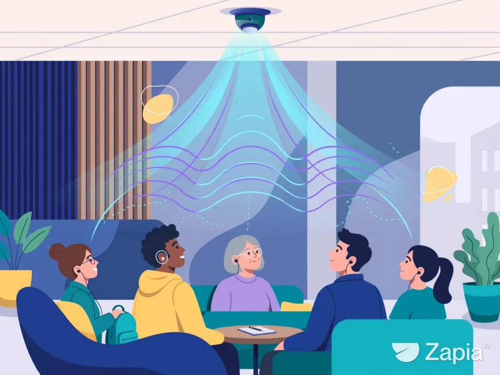 Ilustração conceitual de um transmissor no teto enviando áudio por Bluetooth a pessoas com fones e aparelho auditivo.