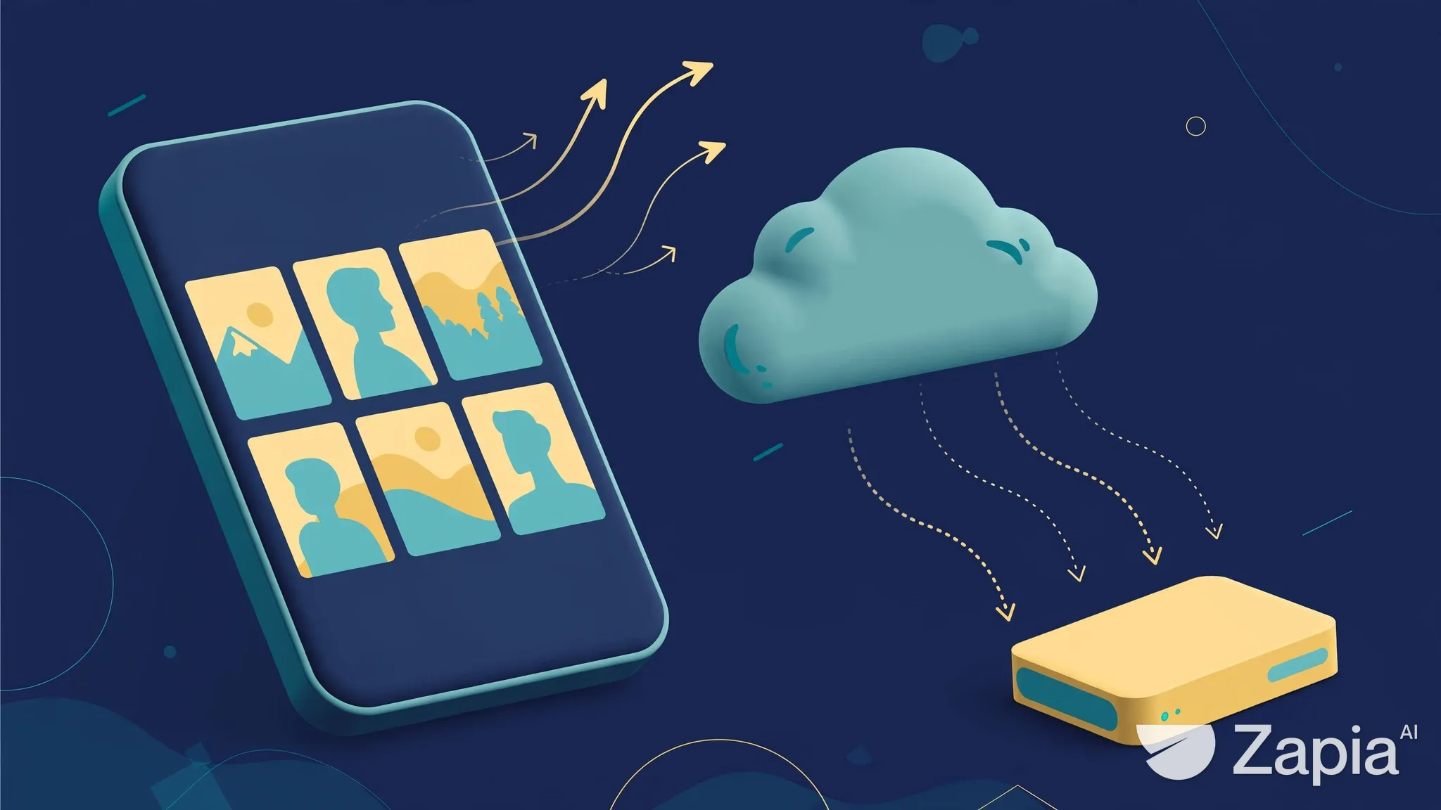 Ilustração conceitual de fotos sendo enviadas de um celular para a nuvem, com uma unidade externa para representar uma cópia adicional