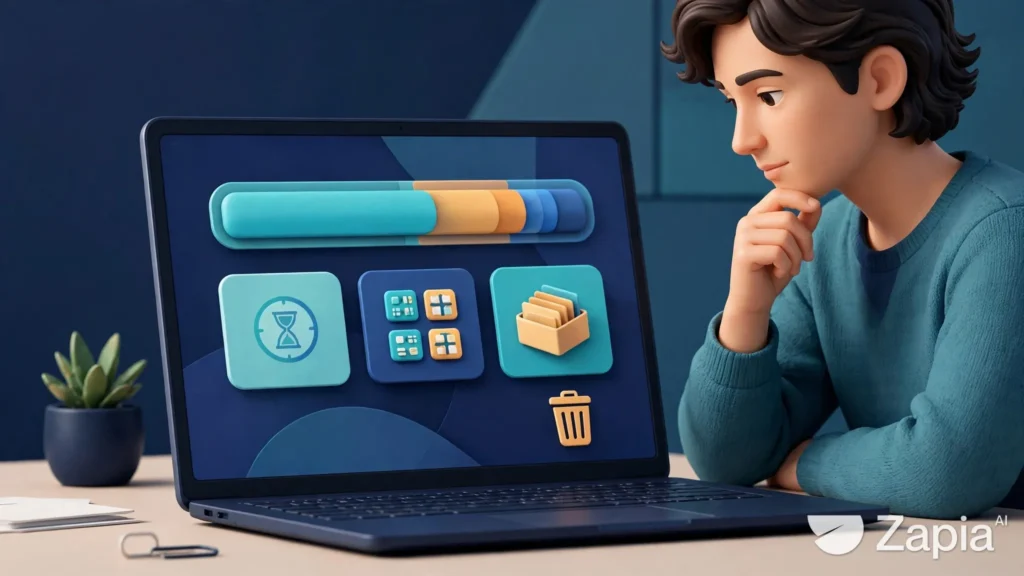 Ilustração conceitual de uma pessoa analisando o armazenamento de um notebook antes de remover arquivos.