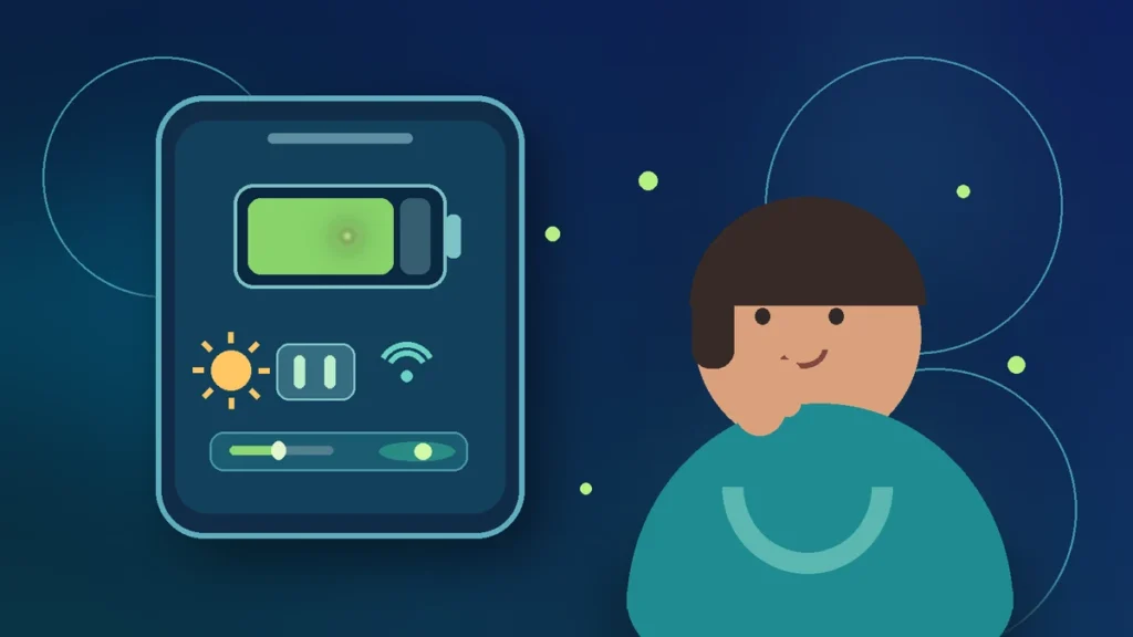 Ilustração conceitual de um celular com controles de economia de bateria e uma pessoa pensando.
