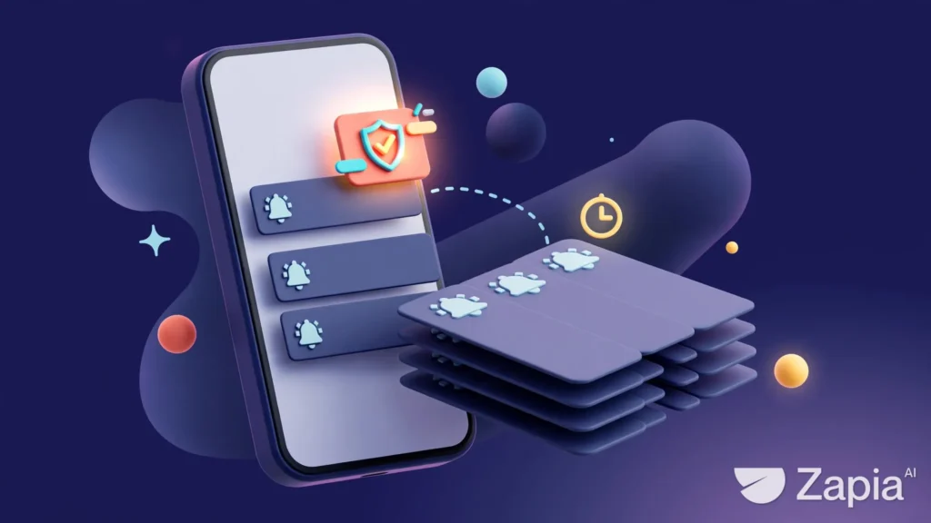 Ilustração conceitual de um celular com notificações agrupadas, um aviso prioritário com escudo e um relógio, representando a organização dos alertas.