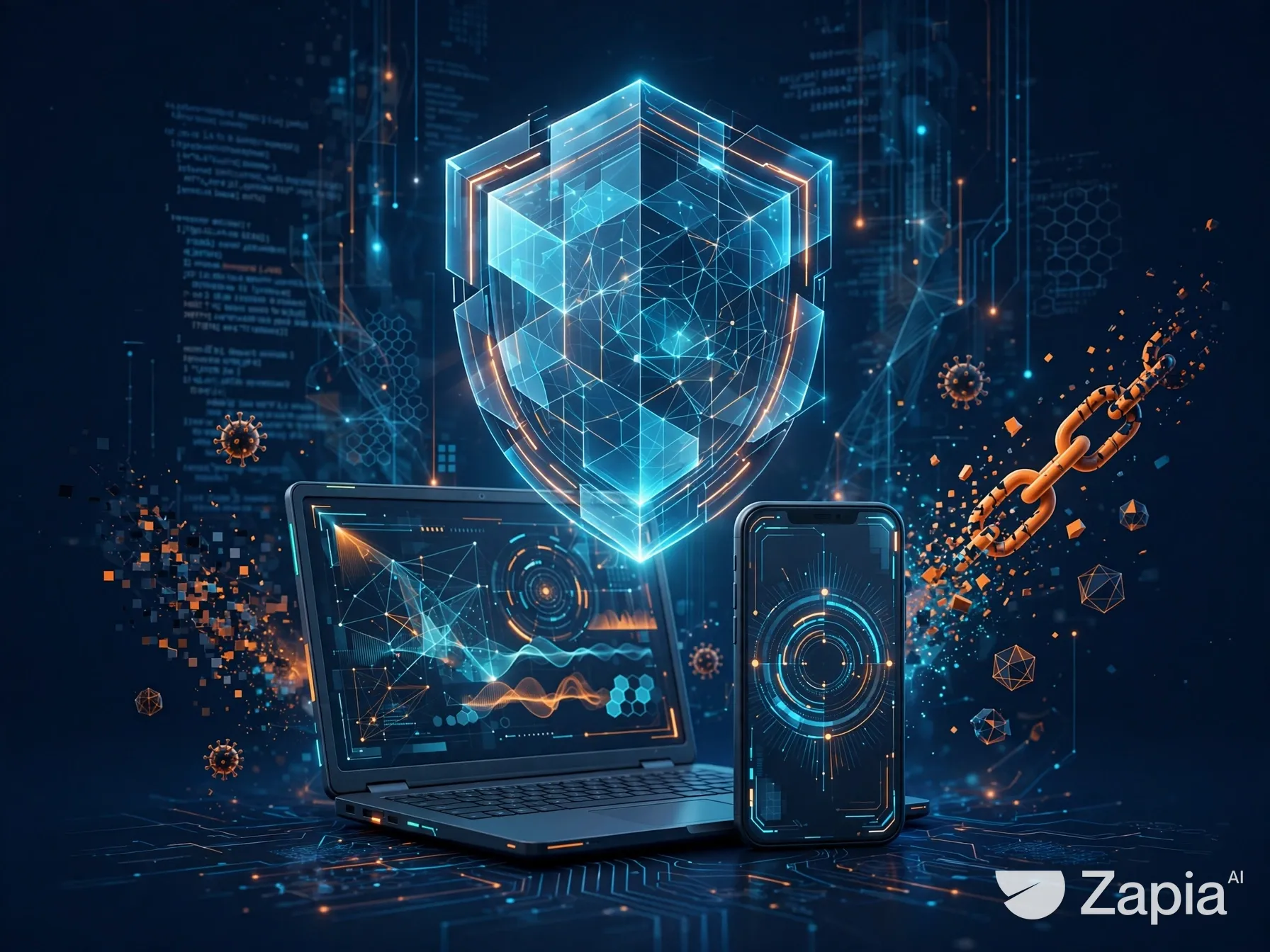 Ilustração de escudo digital protegendo computador e celular, sobre fundo azul-escuro, para artigo de cibersegurança.