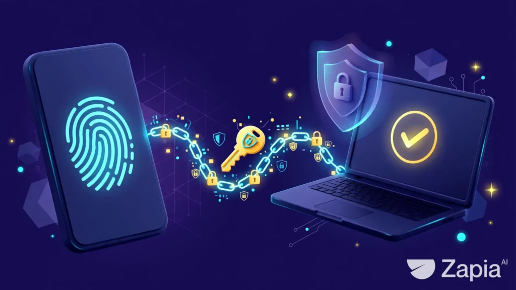 Ilustração conceitual de um celular com símbolo de impressão digital e um notebook conectados por uma chave digital e ícones de segurança, representando o uso de passkeys.