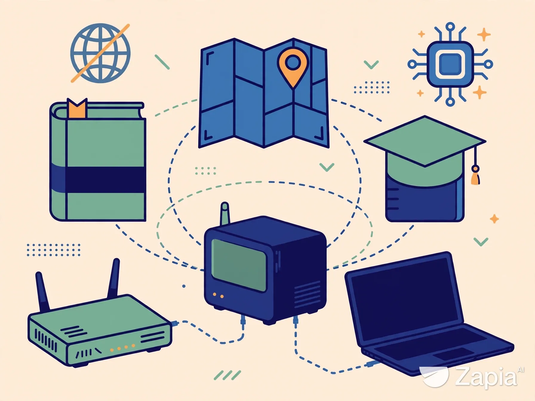Ilustração conceitual do Project NOMAD: computador local com mapas, livros digitais, cursos e ferramentas offline.