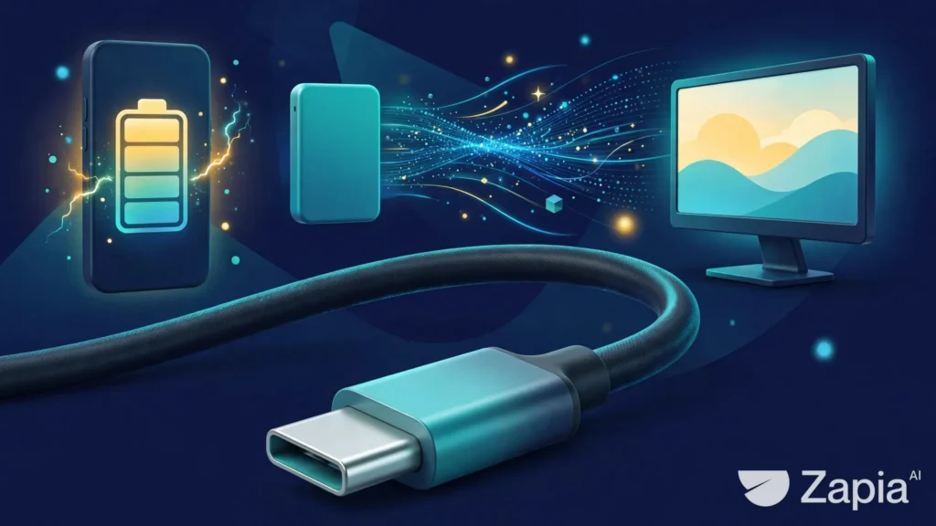 Ilustração conceitual de um cabo USB-C ao lado de um celular, um dispositivo de armazenamento e um monitor, simbolizando carga, dados e vídeo.
