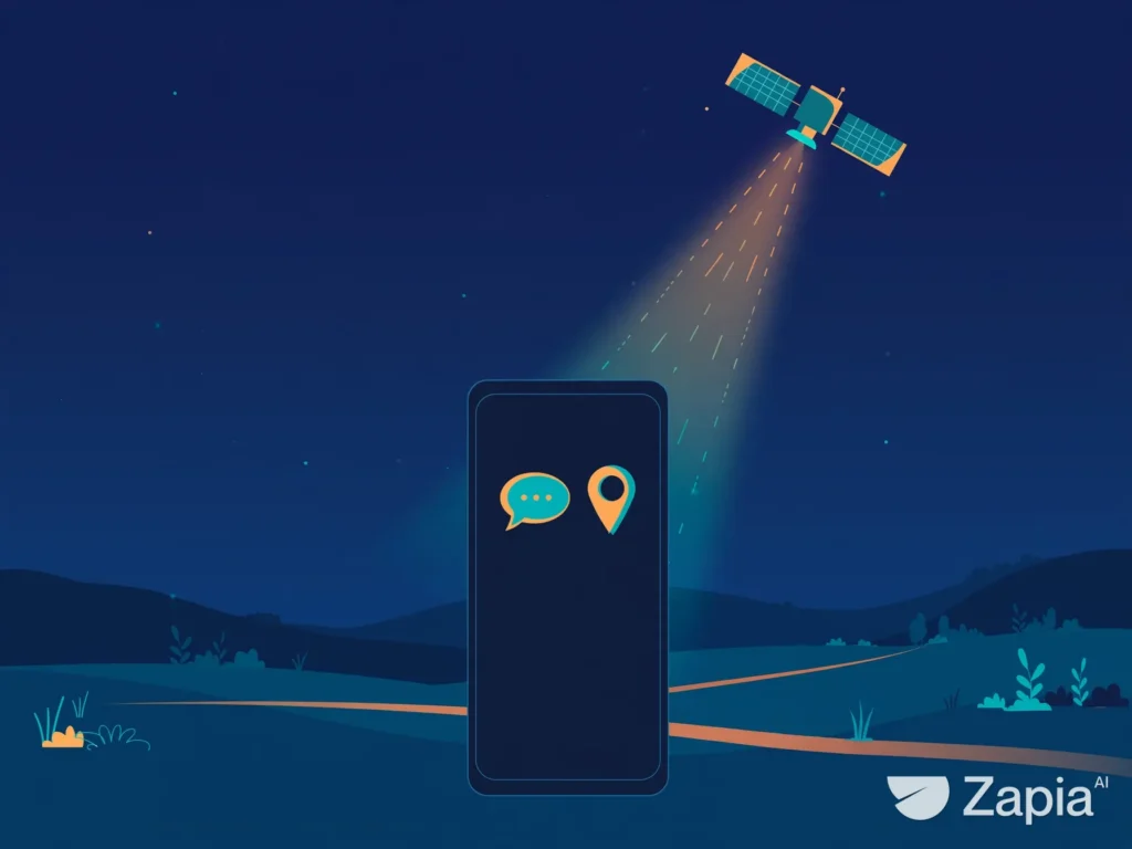 Ilustração conceitual de um celular recebendo sinal de satélite para mensagens e mapas em uma área aberta.