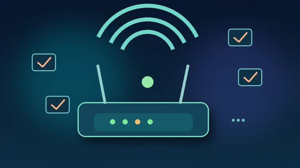 Ilustração conceitual de roteador Wi-Fi e aparelhos conectados sem acesso à internet