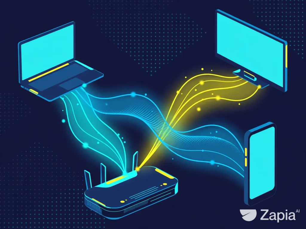 Ilustração conceitual de um roteador Wi-Fi 7 conectando notebook, celular e televisão por ondas sem fio.